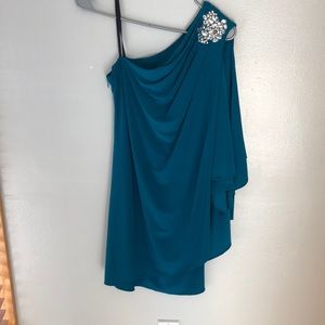 Teal one shoulder dress.